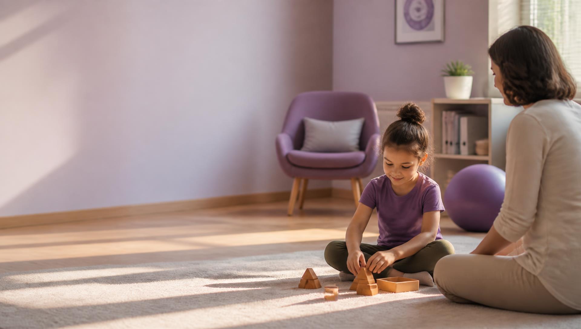 A child playing calmly with wooden toys beside a parent in a warm, sunlit child therapy room